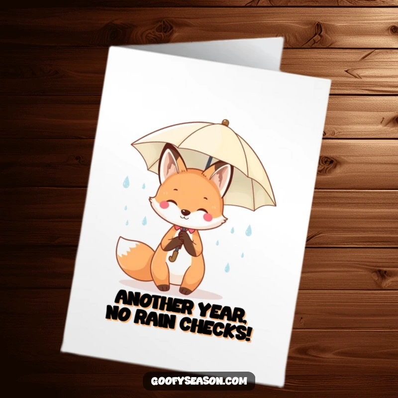Funny Free Printable Birthday Card: Kawaii fox holding a colorful umbrella with cheerful spring raindrops, wishing a happy birthday.
