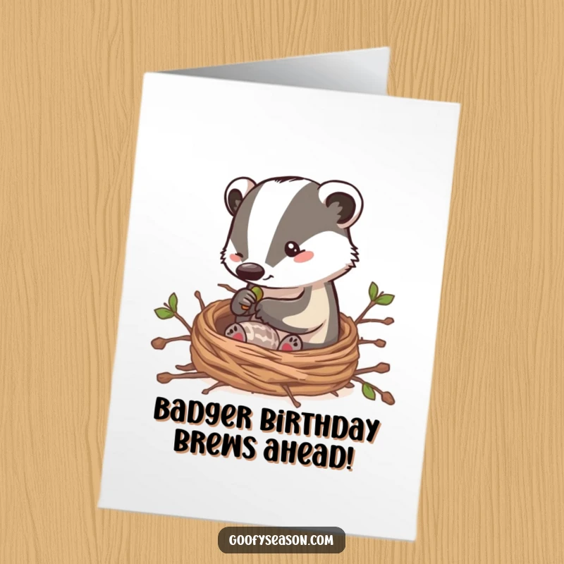 Funny Free Printable Birthday Card: Clever badger character diligently building a cozy nest with twigs, celebrating a birthday home.