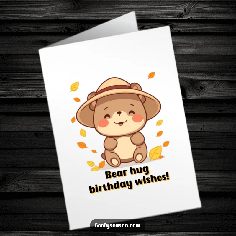 Funny Free Printable Birthday Card: Happy bear in a sun hat playfully tries to catch colorful falling autumn leaves.