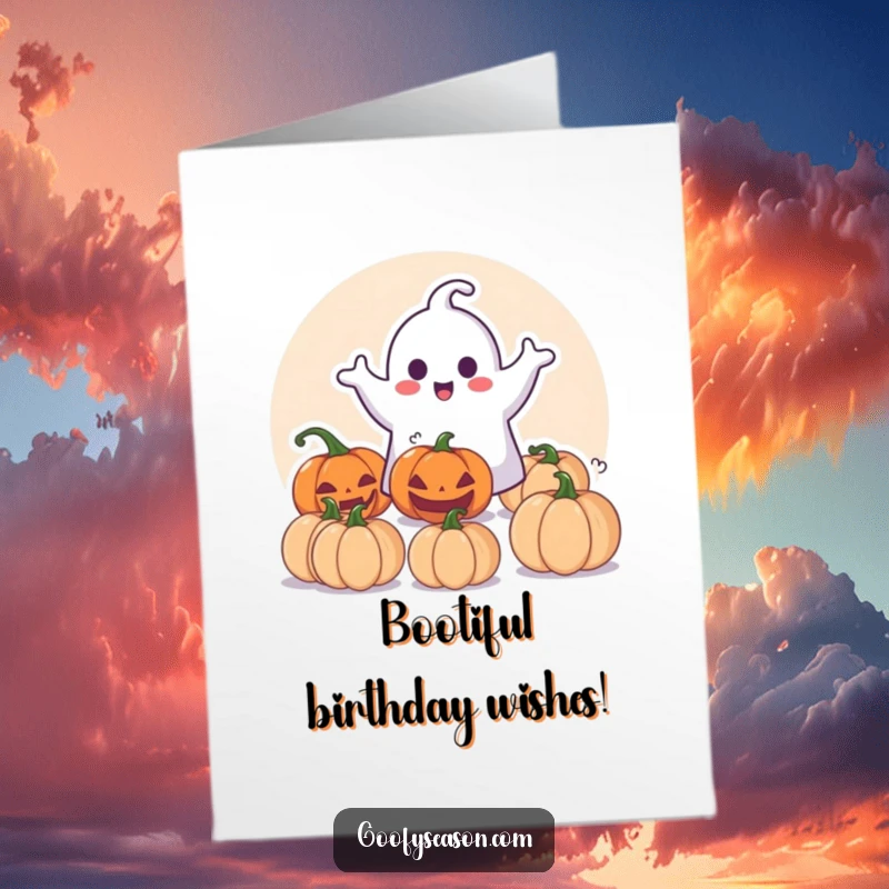 Funny Free Printable Birthday Card: Happy ghost startling pumpkins, a playful and spooky 'Happy Birthday' surprise.