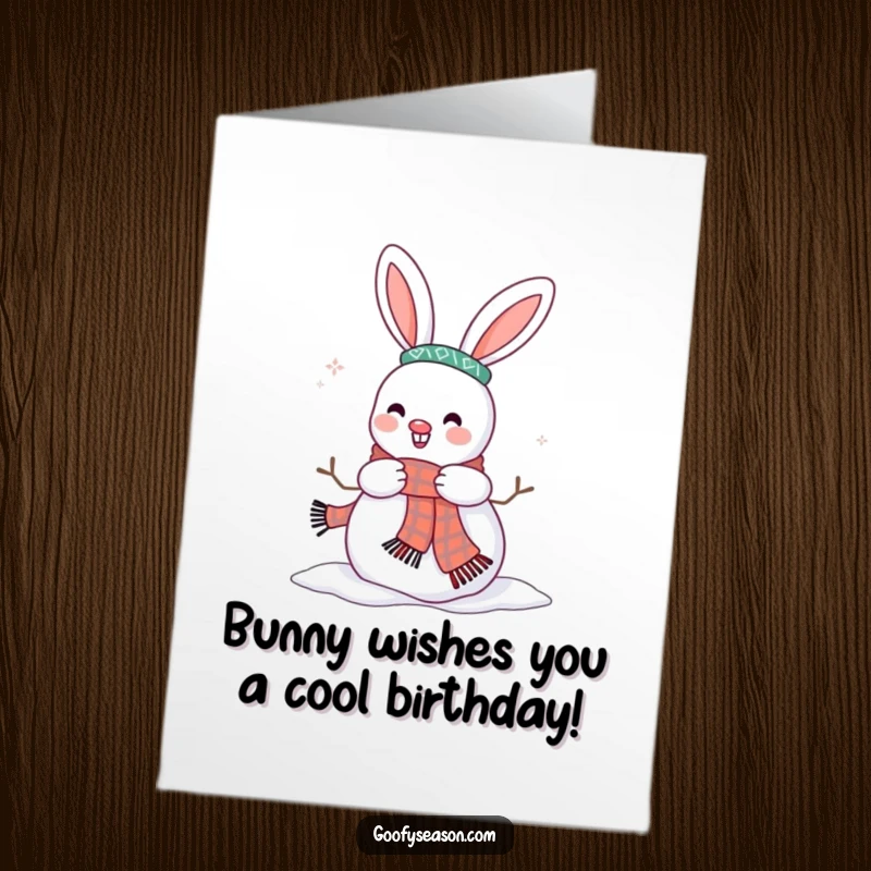 Funny Free Printable Birthday card shows a happy bunny adorably decorating a snowman with a scarf for a winter celebration.
