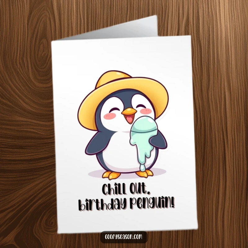 Funny Free Printable Birthday Card: Joyous penguin in sun hat holding melting ice cream, a hilarious downloadable gift.