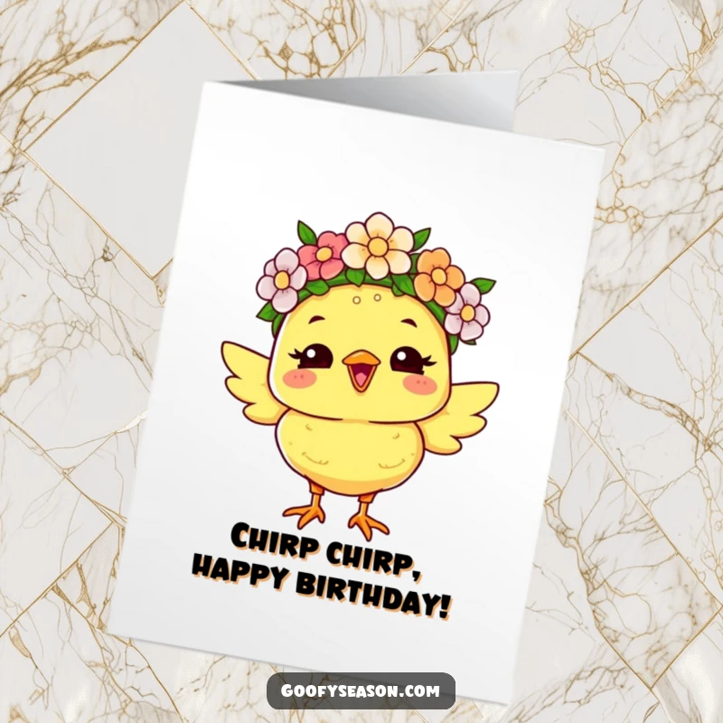 Funny Free Printable Birthday Card: Joyous chick character wearing a colourful flower crown, radiating happiness for a birthday.