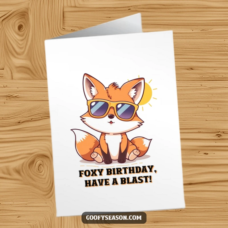 Funny Free Printable Birthday Card: A curious fox wearing oversized sunglasses relaxes on a sunny beach.
