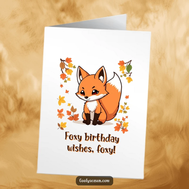 Funny Free Printable Birthday Card: A determined fox with a swishing tail dashes through colorful autumn foliage, celebrating a birthday.