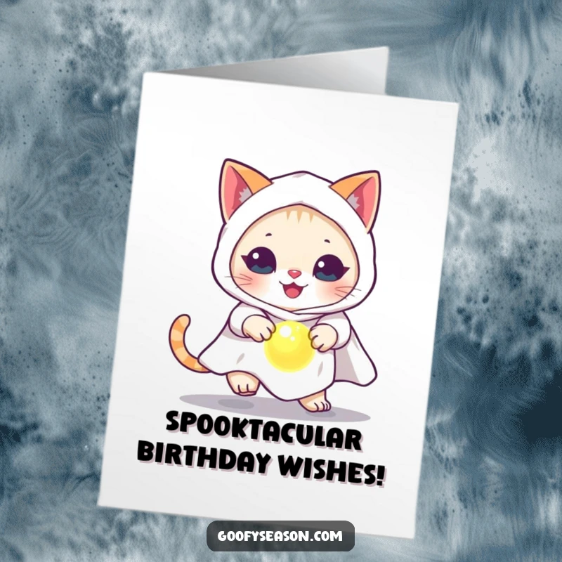 Funny Free Printable Birthday Card: Playful cat in a ghost costume gleefully chases a glowing orb, perfect for birthdays.