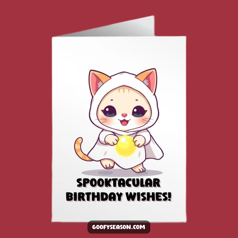 Free Printable Birthday Card: Cat Ghost Chasing Orb, Spooky Funny Downloadable Gift