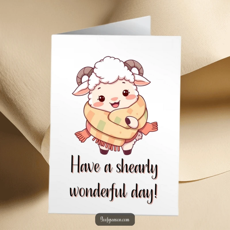 Funny free printable birthday card showing a smiling sheep absolutely engulfed in a ridiculously large, fluffy, cozy scarf.