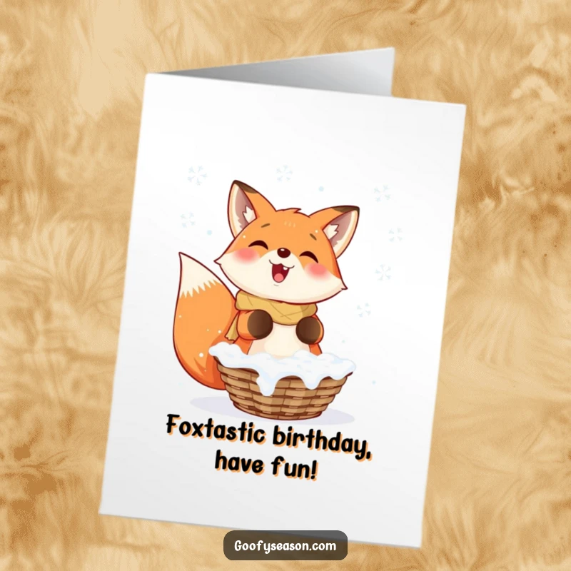 Funny Free Printable Birthday Card: Smiling fox enthusiastically catching snowflakes in a basket, with a joyful expression.