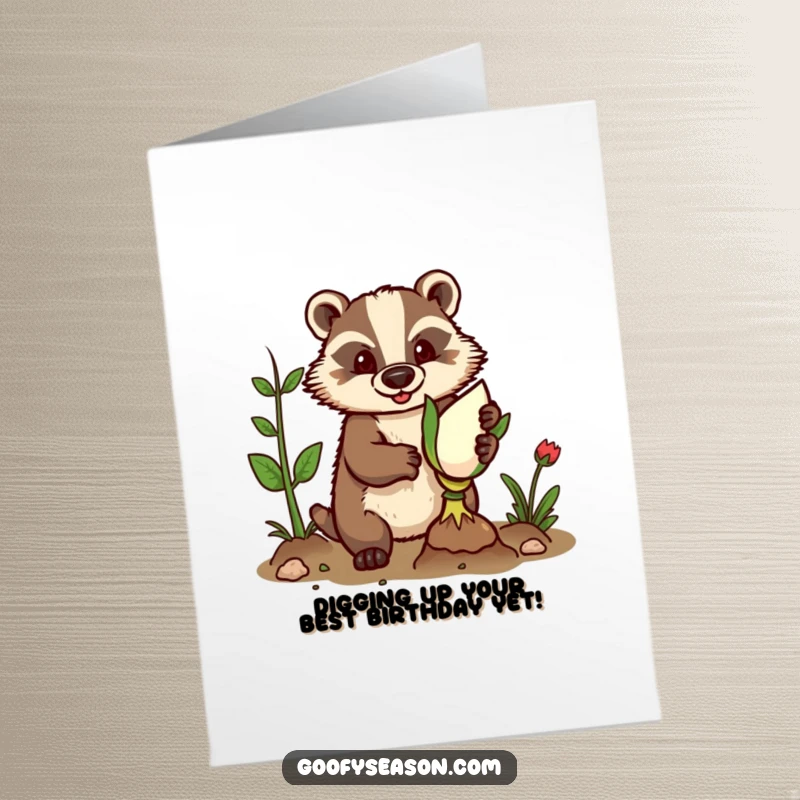 Funny Free Printable Birthday Card: A determined badger in gardening gloves plants a giant bulb with birthday cheer.