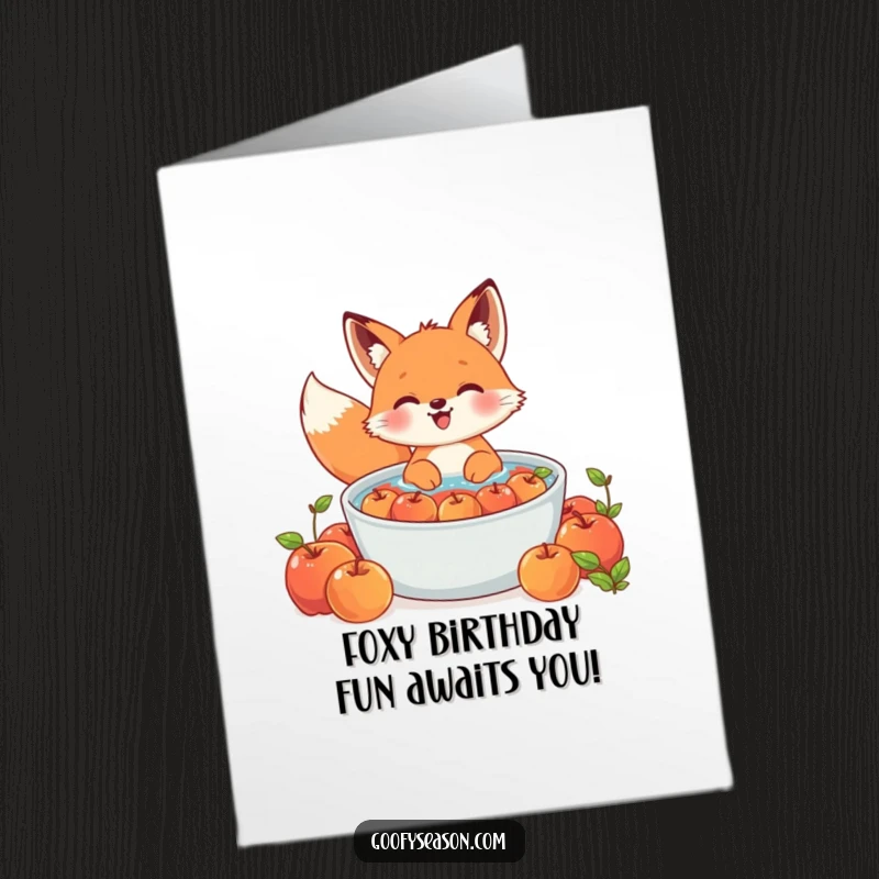 Funny Free Printable Birthday Card: Kawaii fox happily bobbing for apples, perfect for a festive and humorous greeting.