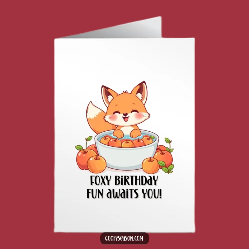 Free Printable Birthday Card: Funny Kawaii Fox Bobbing for Apples Downloadable Gift