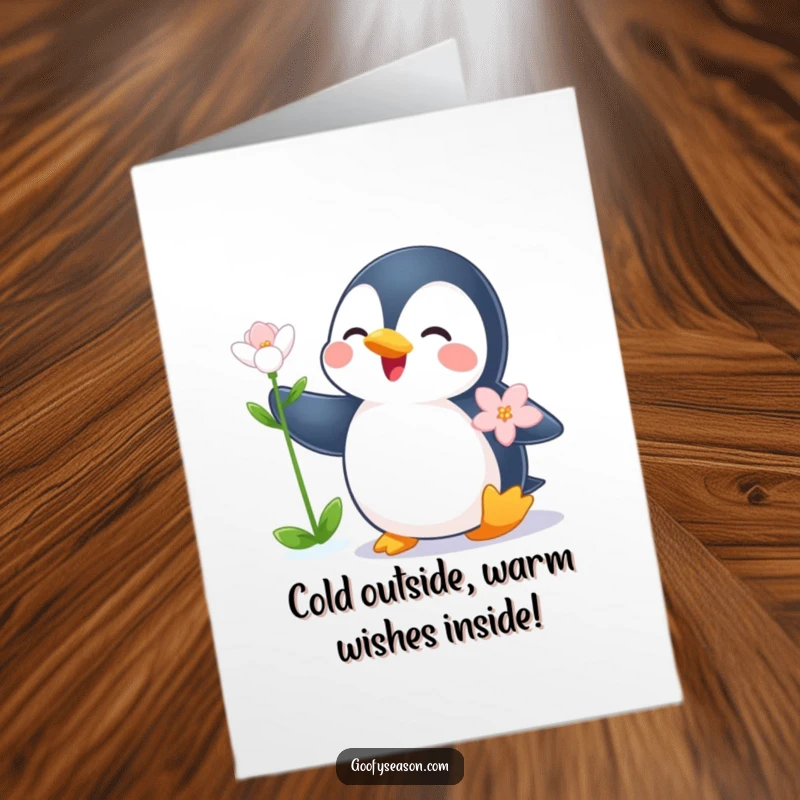 Funny free printable birthday card featuring a happy penguin celebrating a tiny winter flower blooming in the snow.