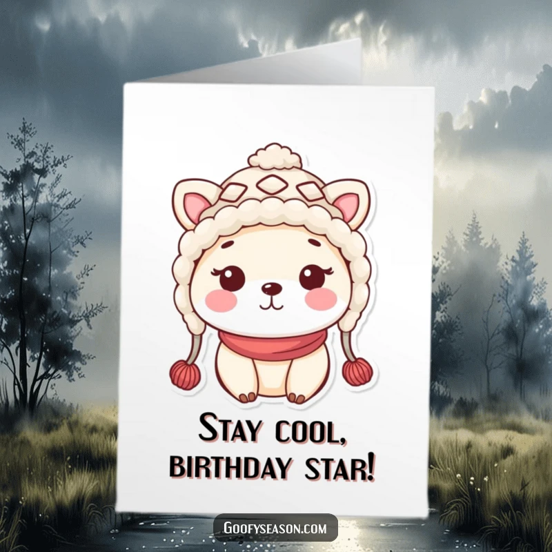Funny Free Printable Birthday Card: Kawaii animal sports a silly woolly hat, cheeks rosy with festive cheer.