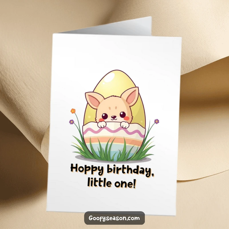 Funny Free Printable Birthday Card: Kawaii animal curiously peeks from behind a giant, colorful Easter egg.