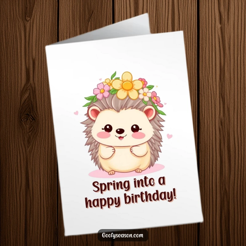 Funny Free Printable Birthday Card: Kawaii hedgehog wearing a beautiful flower crown, beaming with joy during a sunny spring day.