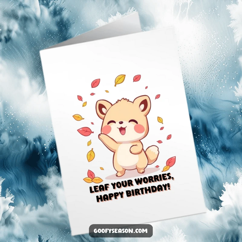 Funny Free Printable Birthday Card: Kawaii animal playfully tosses colorful leaves, celebrating a birthday in style.
