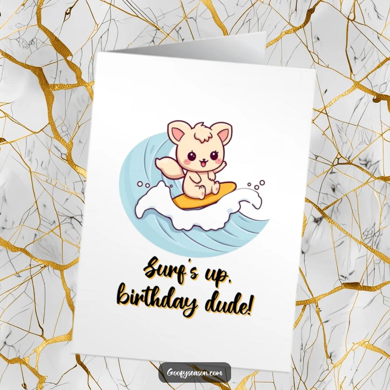 Funny Free Printable Birthday Card: Kawaii animal gleefully surfs a rolling wave, enjoying the ride.