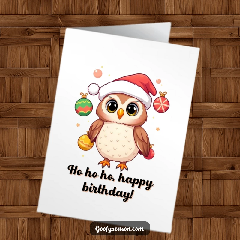 Funny Free Printable Birthday Card: Cheerful owl wearing a Santa hat, juggling shiny festive ornaments with a grin.