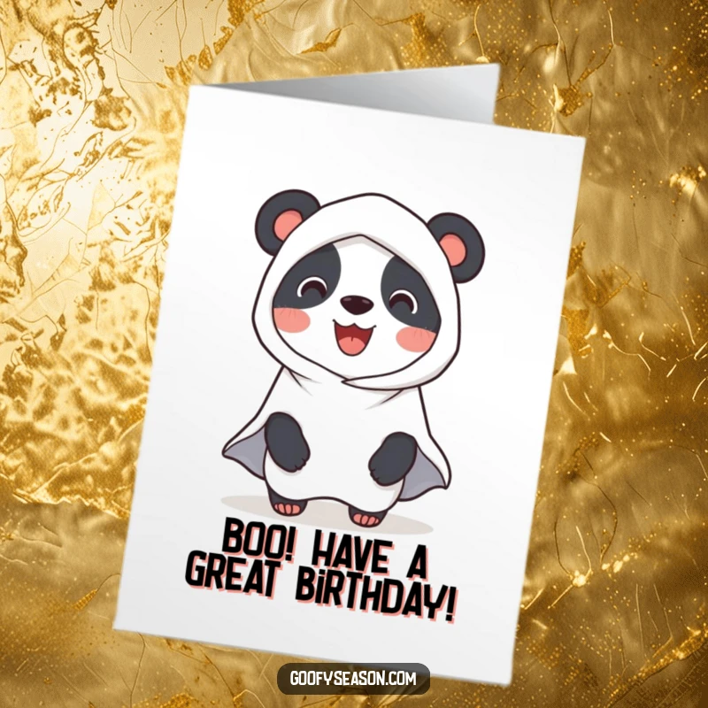 Funny Free Printable Birthday Card: A smiling panda character dressed in a cute ghost costume playfully haunts for a birthday.