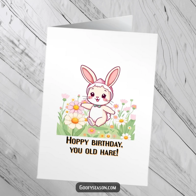 Funny Free Printable Birthday Card: Cheerful bunny in bonnet hopping through giant flowers, spreading birthday joy.