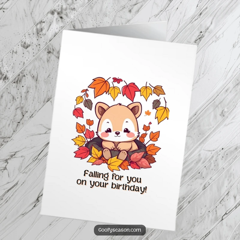 Funny Free Printable Birthday Card featuring a content cozy animal surrounded by colorful falling autumn leaves, ready for a laugh.
