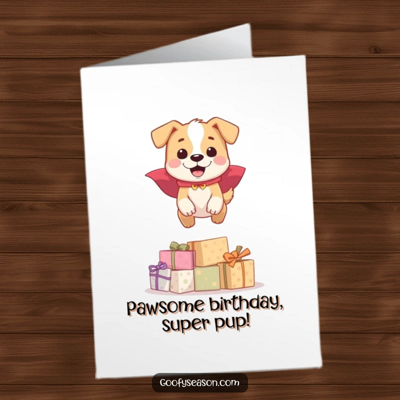 Funny Free Printable Birthday Card: Happy dog in cape leaping over presents, ready for fun.