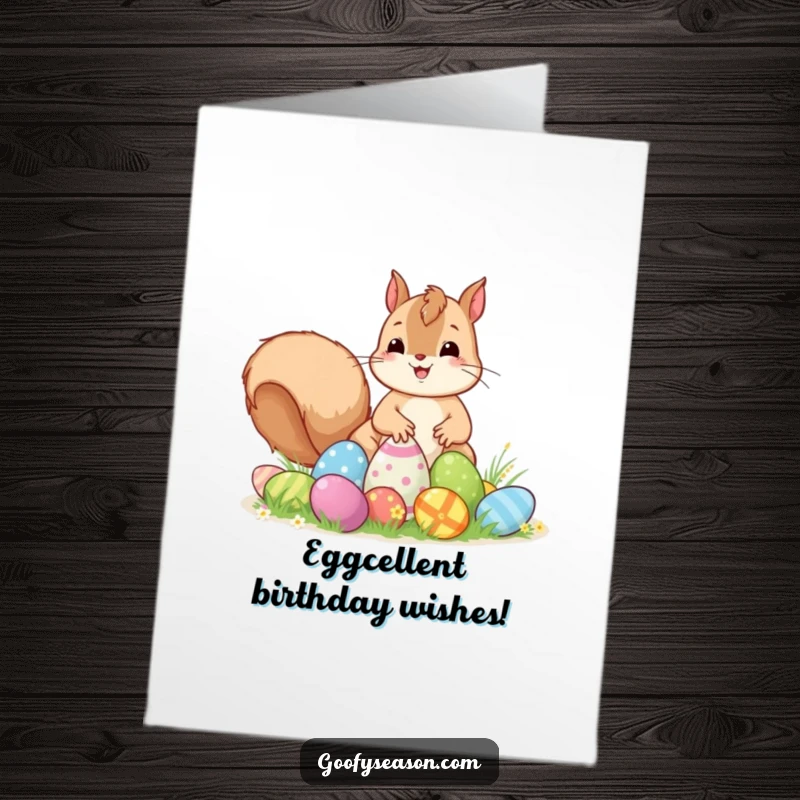Funny Free Printable Birthday Card: Excited Kawaii squirrel placing colorful Easter eggs for a hunt, wishing a happy birthday.