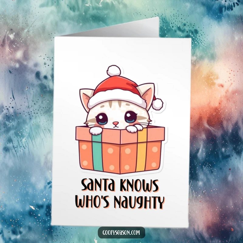 Funny Free Printable Birthday Card: Curious cat in Santa hat peeking from a gift box, ready to surprise.