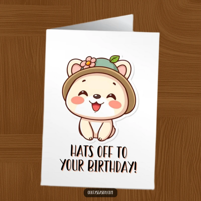 Funny Free Printable Birthday Card: A smiling kawaii animal wearing a tiny flower-adorned hat.