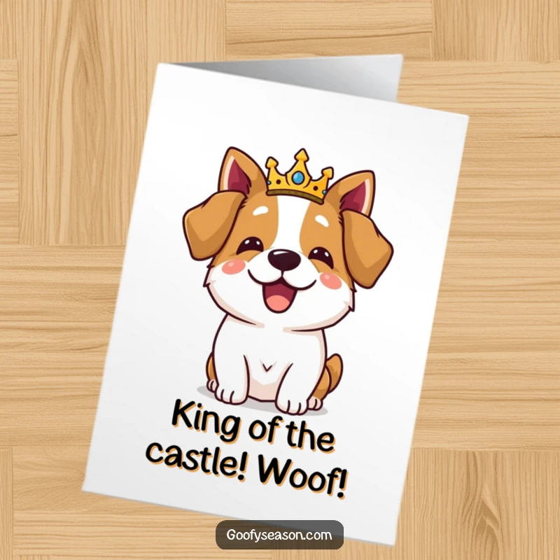 Funny Free Printable Birthday Card: A delighted dog wearing a small crown enjoys a lavish feast, like royalty.