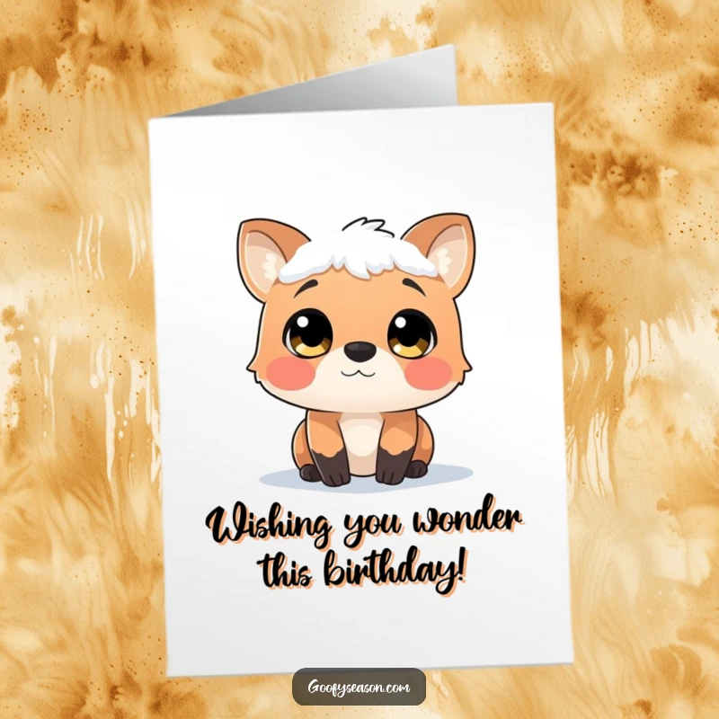 Funny Free Printable Birthday Card: A curious animal gazes with wide, wonder-filled eyes at gently falling snowflakes, capturing winter's magic.