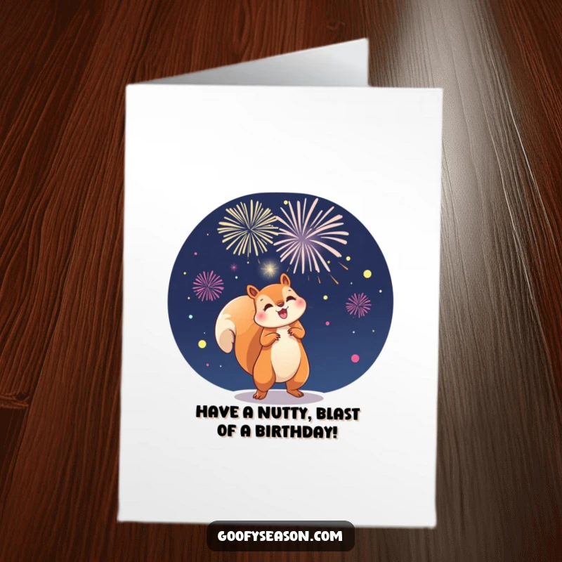 Funny Free Printable Birthday card depicts a playful squirrel energetically launching colorful fireworks high into the dark night sky.