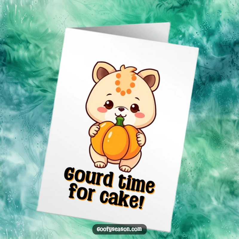 Funny Free Printable Birthday Card: Kawaii animal hugs a pumpkin, grinning widely, ready for birthday fun.