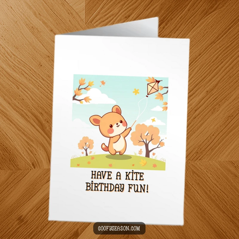 Funny Free Printable Birthday Card: Kawaii animal joyfully flies a kite on a windy autumn day greeting.