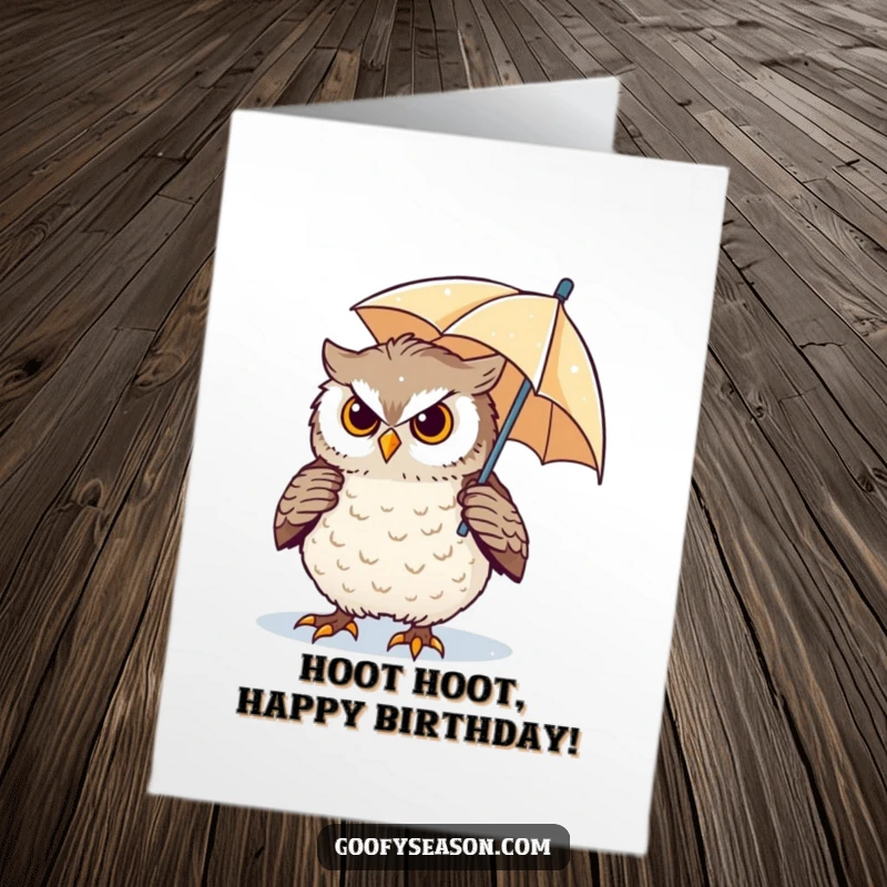Funny Free Printable Owl Birthday Card: A determined owl bravely navigates a harsh blizzard, armed with a tiny umbrella. Downloadable gift.