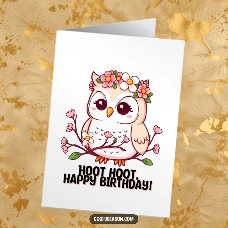 Funny Free Printable Birthday Card: Cute kawaii owl with a flower crown observing spring buds burst into bloom, wishing happy birthday.