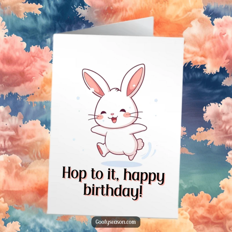 Funny Free Printable Birthday Card: Energetic rabbit character joyfully chasing falling snowflakes, celebrating a winter birthday.