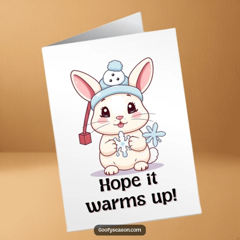 Funny Free Printable Birthday Card: Cute bunny in a tiny snowman hat, holding a melting snowflake with a playful expression.