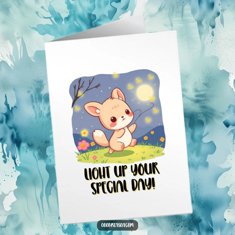 Funny Free Printable Birthday Card: Kawaii animal playfully chasing glowing fireflies on a dark summer night.