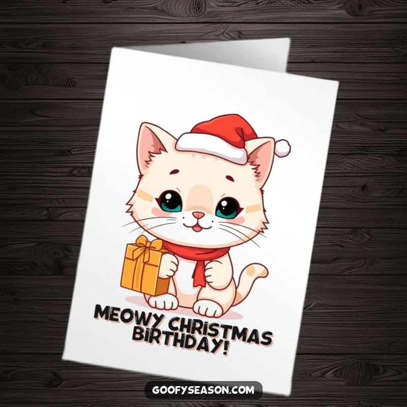 Funny Free Printable Birthday Card: A cute cat in a tiny Santa hat holds a gift, wishing a very merry birthday.