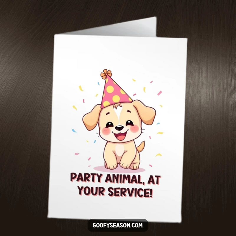 Funny Free Printable Birthday Card: A giggling puppy in a festive hat chases confetti, celebrating with pure joy.
