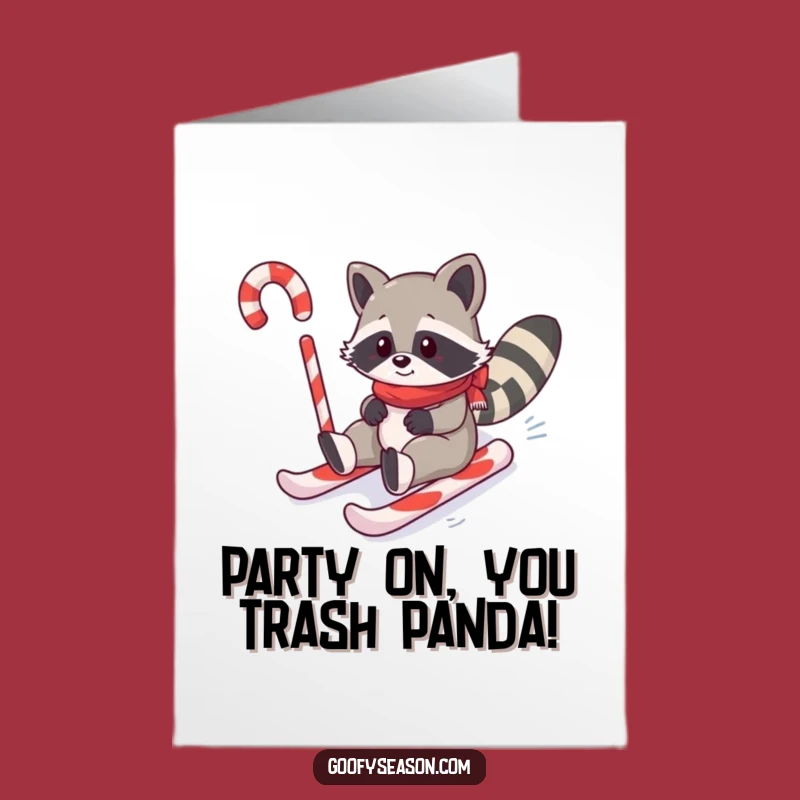 Free Printable Birthday Card: Raccoon Sledding Candy Cane Hill Funny