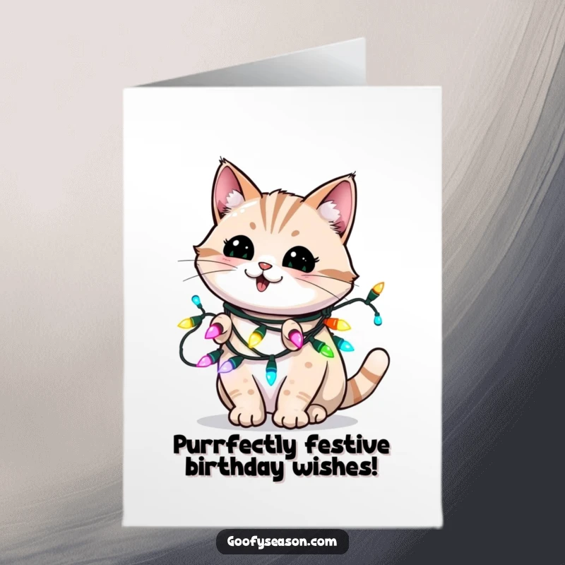 Funny Free Printable Birthday Card: Energetic cat tangled in bright holiday lights, blinking playfully, ready to celebrate your special day.