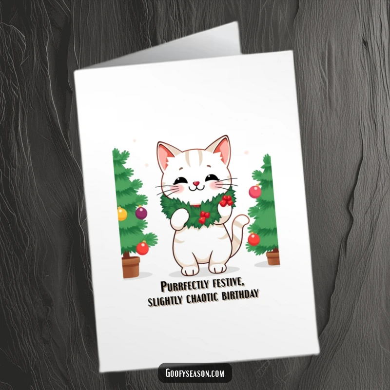 Funny Free Printable Birthday Card featuring a cheerful cat in a wreath decorating a Christmas tree, ready for holiday fun.
