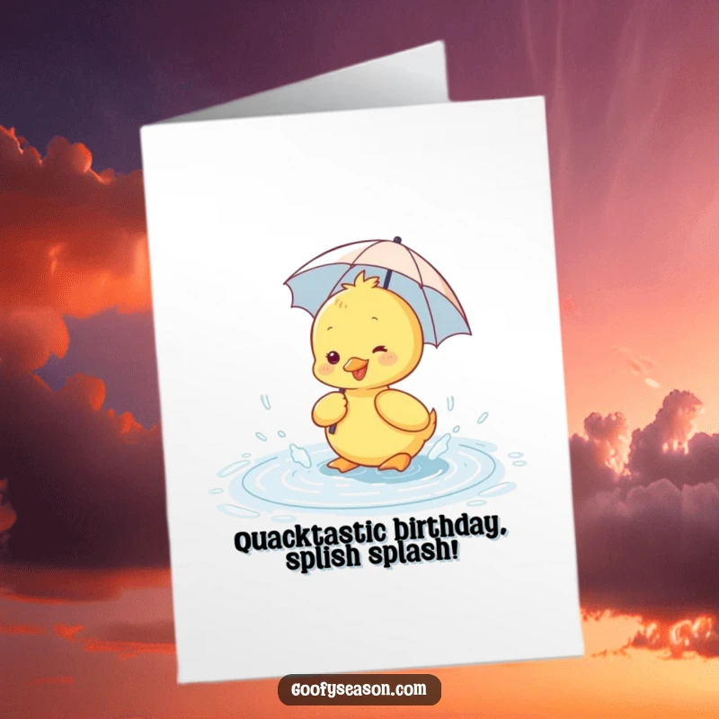 Funny Free Printable Birthday Card: A happy duckling with an umbrella splashes joyfully in a rain puddle.