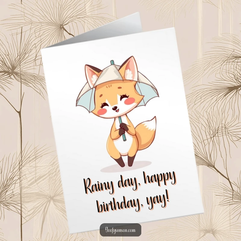 Funny Free Printable Birthday Card: Smiling fox in umbrella dancing merrily in gentle rain, a hilarious downloadable gift.