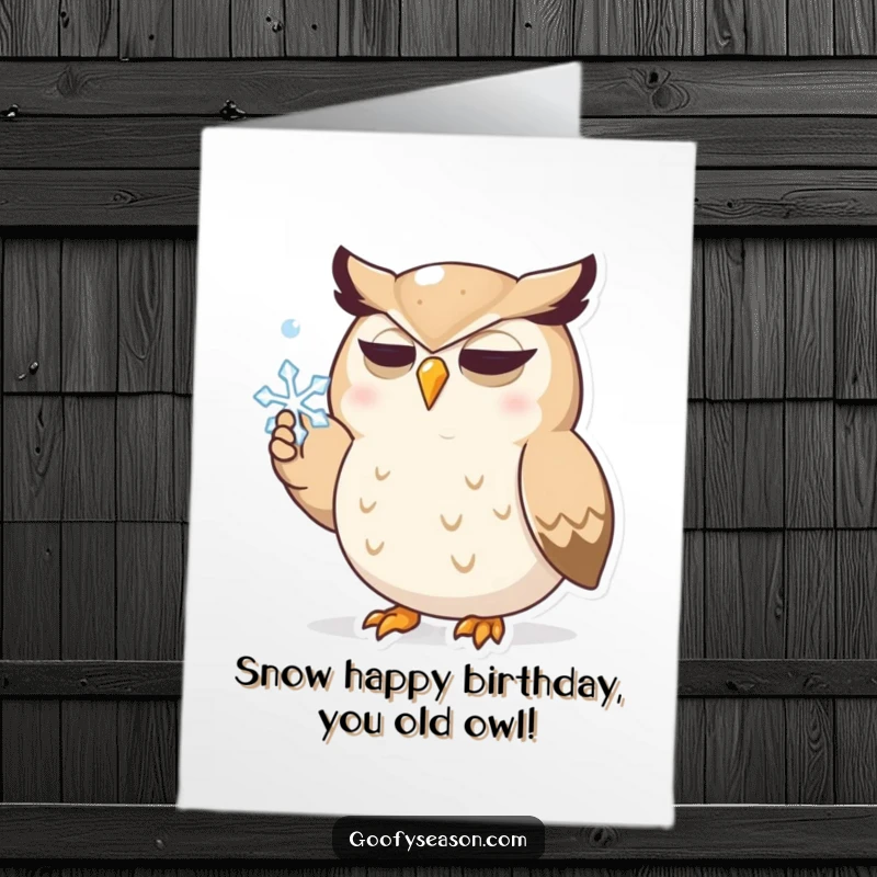 Funny Free Printable Birthday Card: Determined owl clumsily tries to catch a snowflake with its beak, looking surprised.