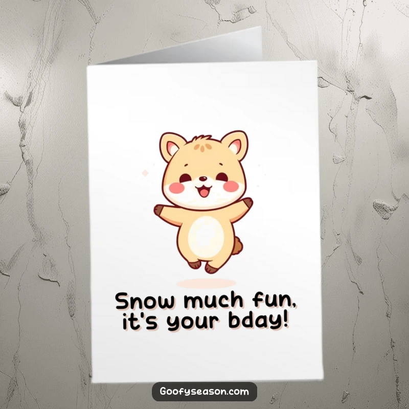 Funny Free Printable Birthday Card: Kawaii animal joyfully dancing amidst swirling snowflakes, spreading festive cheer.