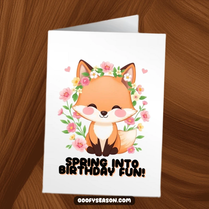 Funny Free Printable Birthday Card: Happy fox wearing a spring wreath, surrounded by colorful blooming flowers, smiling warmly.